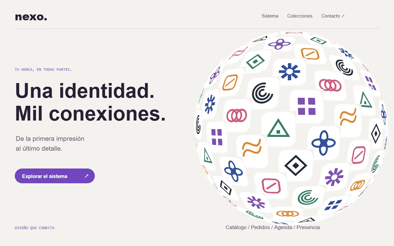 Página NEXO: una esfera de tarjetas blancas con símbolos geométricos originales y multicolores.