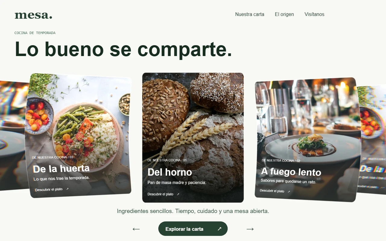 Página MESA: tarjetas fotográficas de pan, cocina y huerta sobre un lienzo editorial claro.