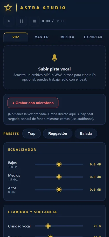 Página de inicio de Astra Studio en celular