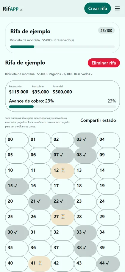 Página de inicio de RifAPP en celular